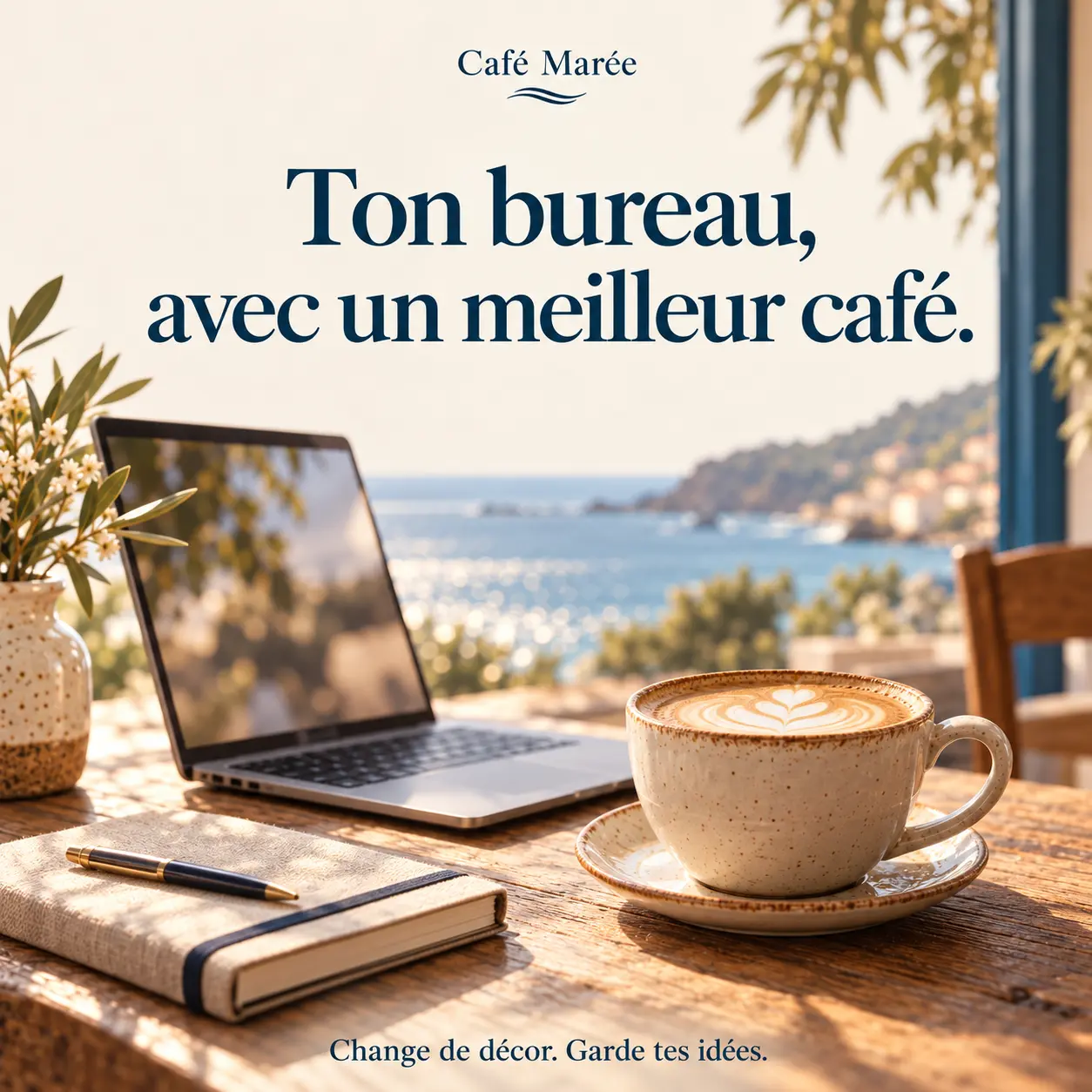 Café Marée, remote-work post: an open laptop, notebook and latte on a wooden table overlooking the sea. French message: “Your desk, with better coffee. Change the scenery. Keep your ideas.”
