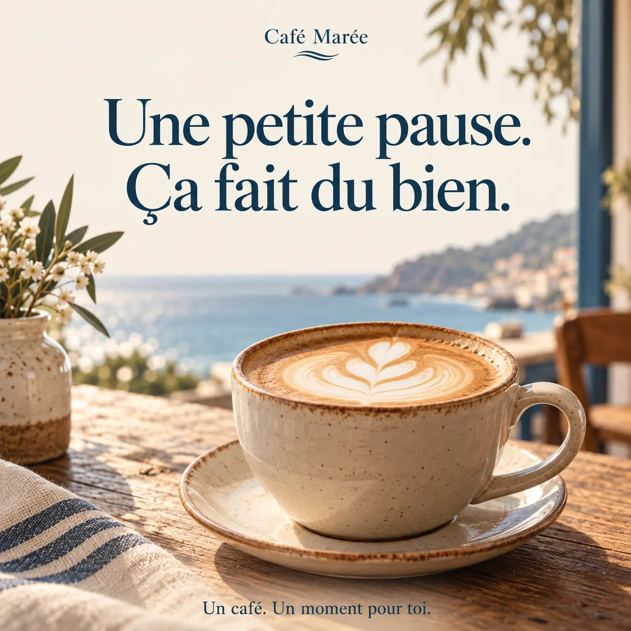 Café Marée, introduction post: a ceramic latte cup with leaf-shaped foam on a wooden table overlooking the sea. French message: “A little pause. It feels good. A coffee. A moment for you.”